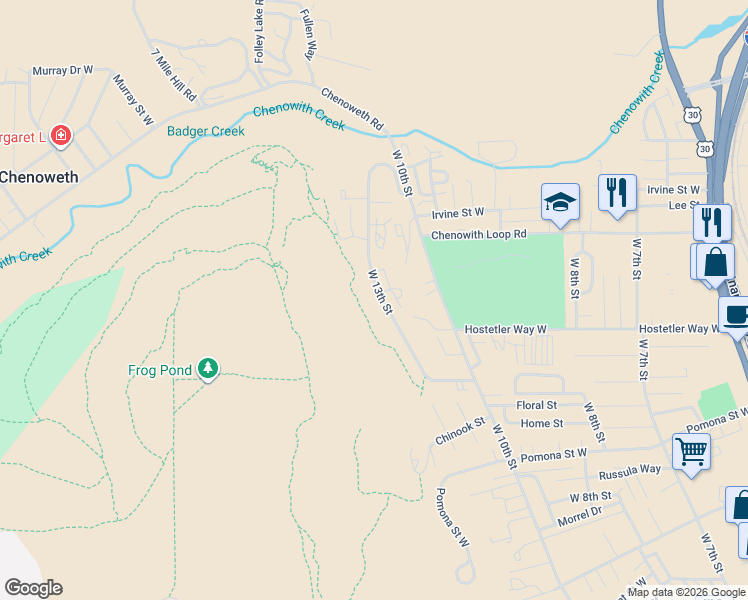 map of restaurants, bars, coffee shops, grocery stores, and more near 3460 West 13th Street in The Dalles