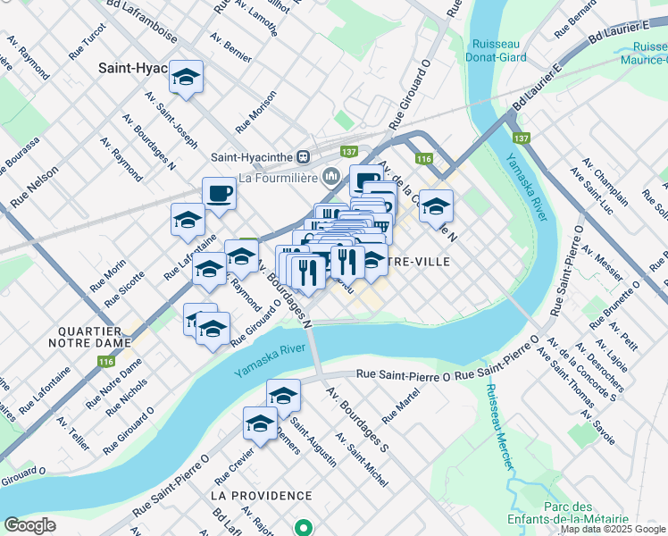 map of restaurants, bars, coffee shops, grocery stores, and more near 1812 Rue Des Cascades O in Saint-Hyacinthe