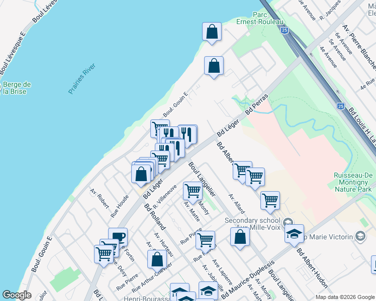 map of restaurants, bars, coffee shops, grocery stores, and more near 6525 Boulevard Léger in Montréal