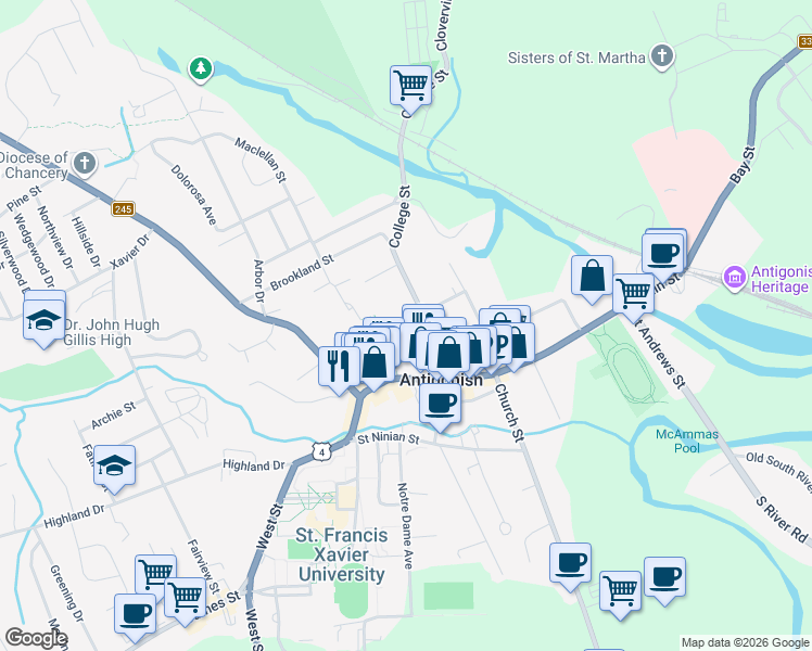 map of restaurants, bars, coffee shops, grocery stores, and more near 77 Pleasant Street in Antigonish