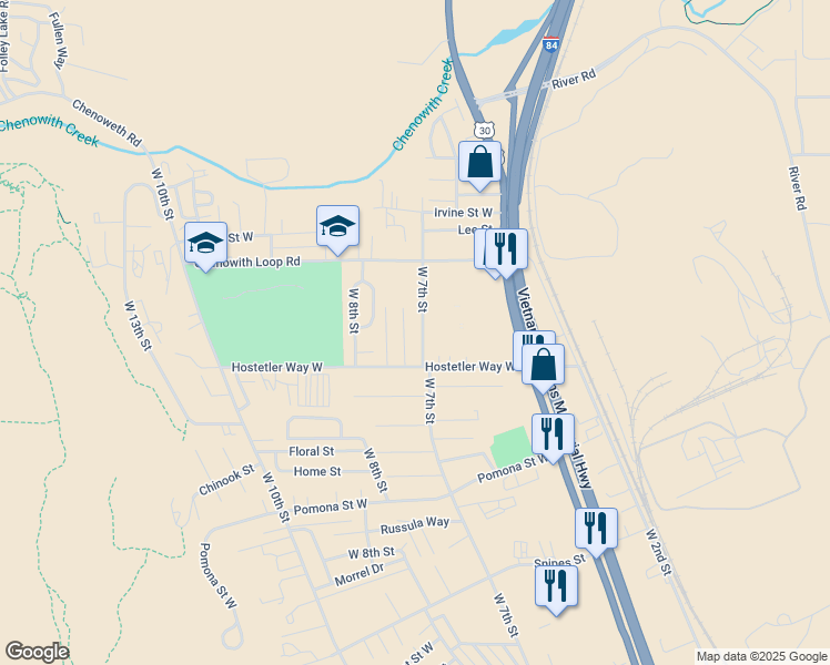 map of restaurants, bars, coffee shops, grocery stores, and more near 6 West 7th Street in The Dalles
