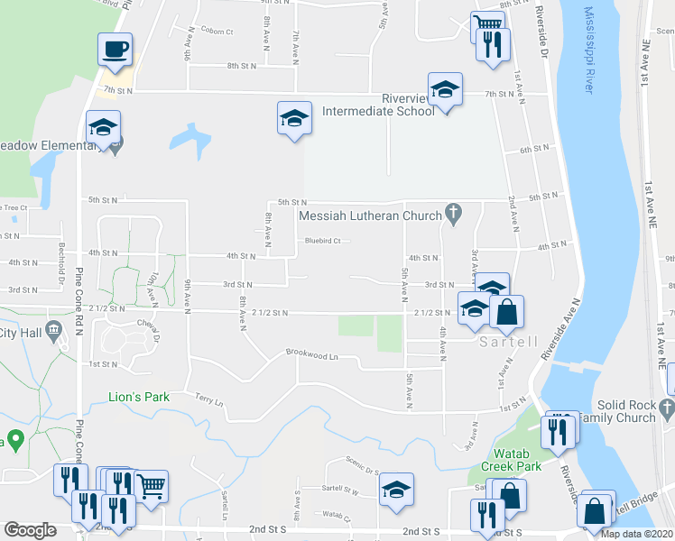 map of restaurants, bars, coffee shops, grocery stores, and more near 527 3rd Street North in Sartell