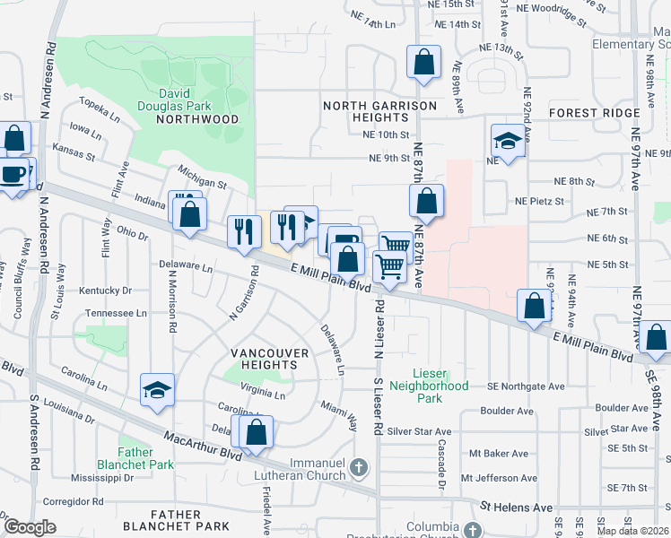 map of restaurants, bars, coffee shops, grocery stores, and more near 8300 East Mill Plain Boulevard in Vancouver