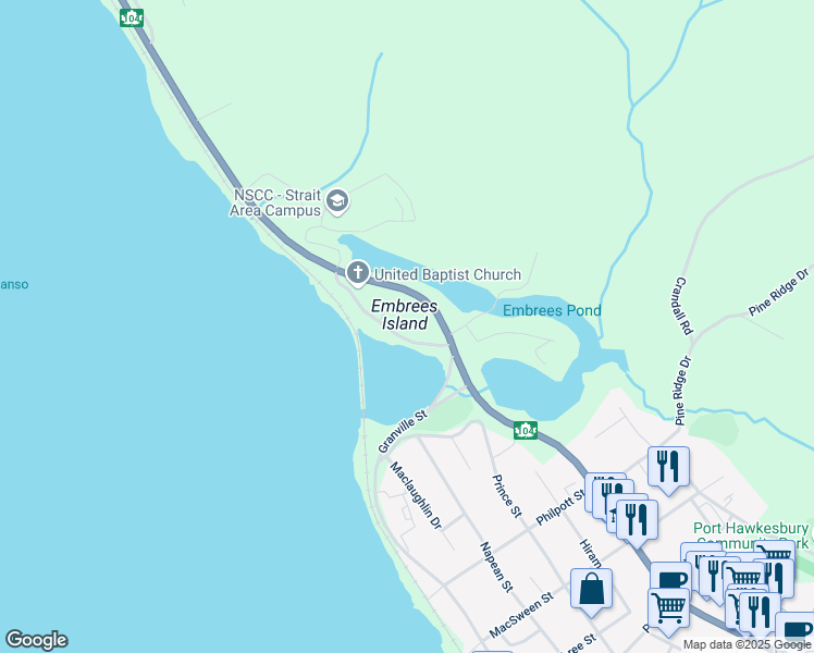 map of restaurants, bars, coffee shops, grocery stores, and more near 24 Embree Island Road in Port Hawkesbury