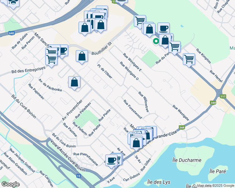 map of restaurants, bars, coffee shops, grocery stores, and more near 301 Rue Forestwood in Rosemère