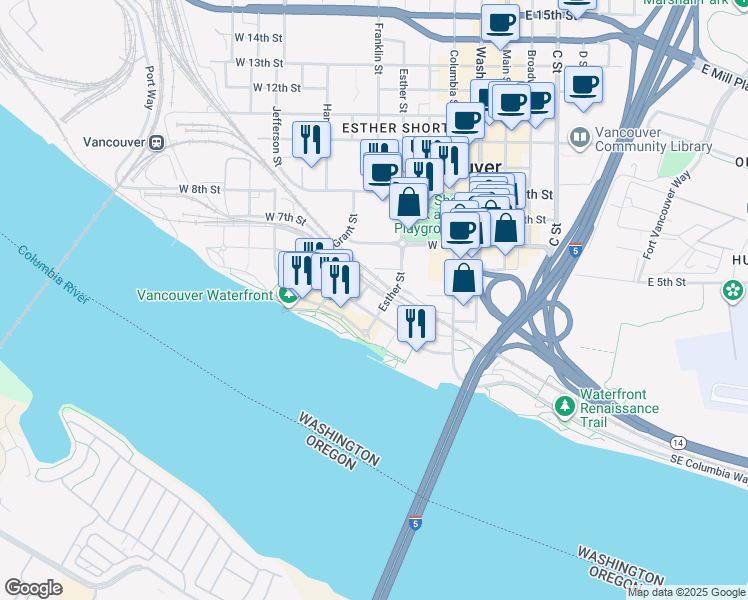 map of restaurants, bars, coffee shops, grocery stores, and more near 500 West Columbia Way in Vancouver
