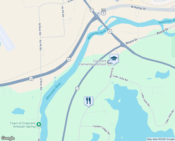 map of restaurants, bars, coffee shops, grocery stores, and more near 3172-3320 State Trunk Highway 17 in Rhinelander