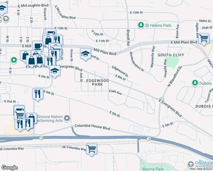 map of restaurants, bars, coffee shops, grocery stores, and more near 410 Edwards Lane in Vancouver