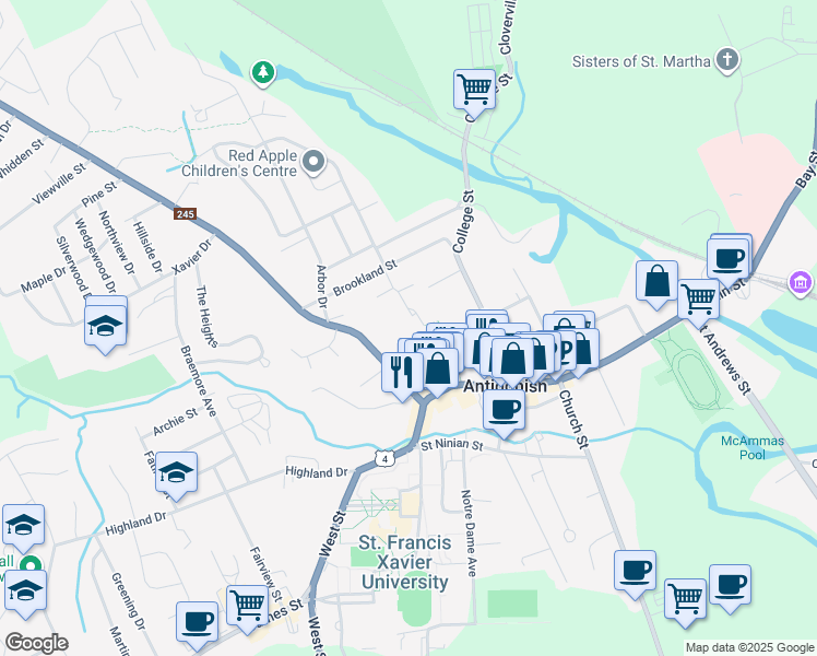 map of restaurants, bars, coffee shops, grocery stores, and more near 20 Orchard Terrace in Antigonish