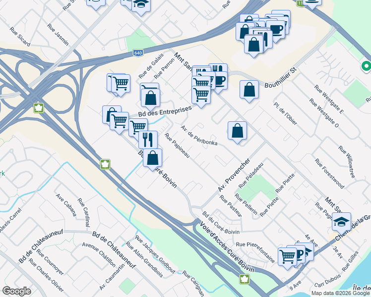 map of restaurants, bars, coffee shops, grocery stores, and more near 607 Rue Papineau in Boisbriand