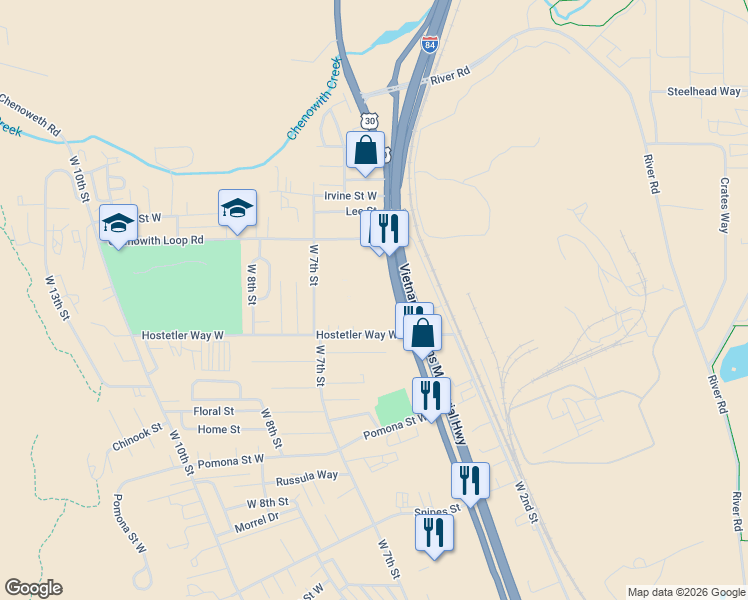 map of restaurants, bars, coffee shops, grocery stores, and more near 3608 West 6th Street in The Dalles