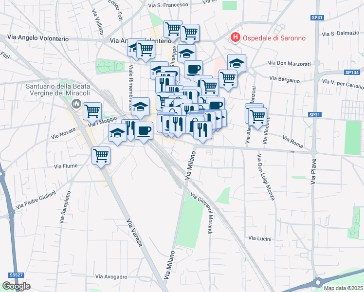 map of restaurants, bars, coffee shops, grocery stores, and more near 31 Via Milano in Saronno