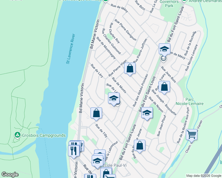 map of restaurants, bars, coffee shops, grocery stores, and more near 56 Rue de Léry in Boucherville