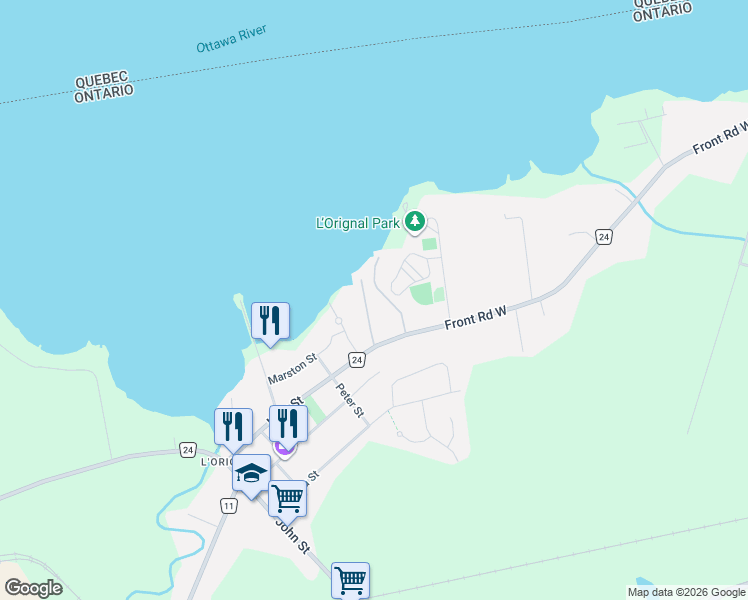map of restaurants, bars, coffee shops, grocery stores, and more near 46 Dufour Street in Champlain