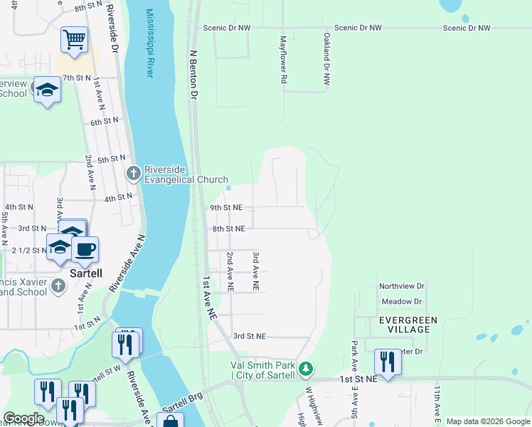 map of restaurants, bars, coffee shops, grocery stores, and more near 307 8th Street Northeast in Sartell