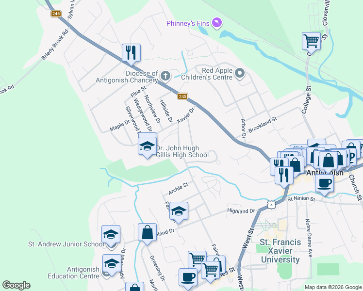 map of restaurants, bars, coffee shops, grocery stores, and more near 106 Braemore Avenue in Antigonish