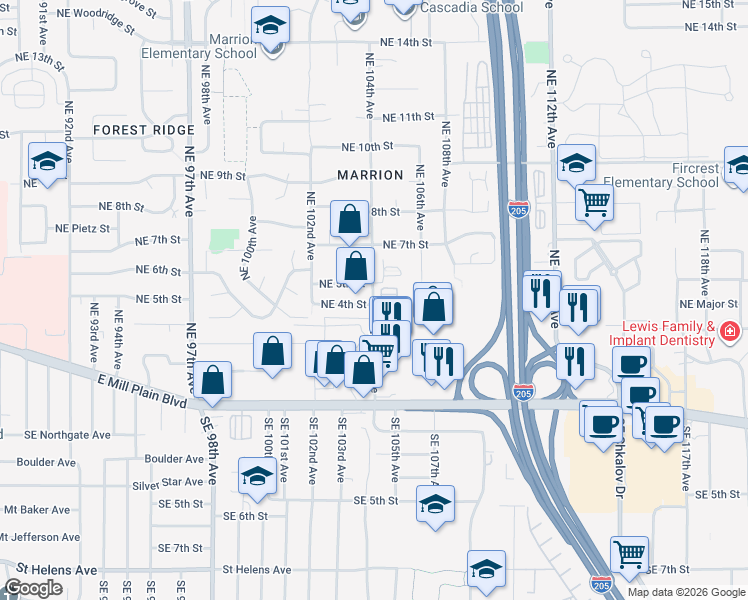 map of restaurants, bars, coffee shops, grocery stores, and more near 411 Northeast 104th Avenue in Vancouver