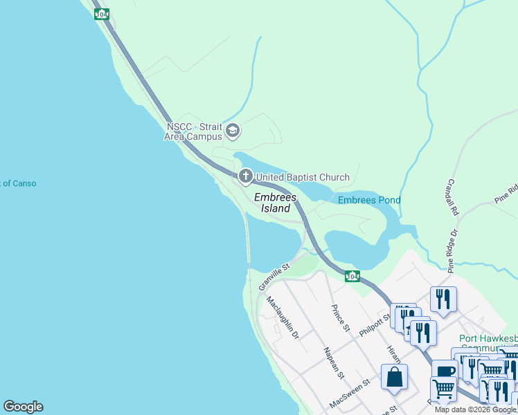 map of restaurants, bars, coffee shops, grocery stores, and more near Embree Island Road in Port Hawkesbury