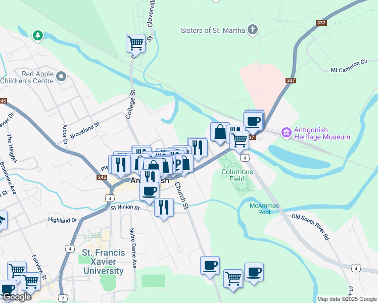 map of restaurants, bars, coffee shops, grocery stores, and more near 35 Saint Marys Street in Antigonish