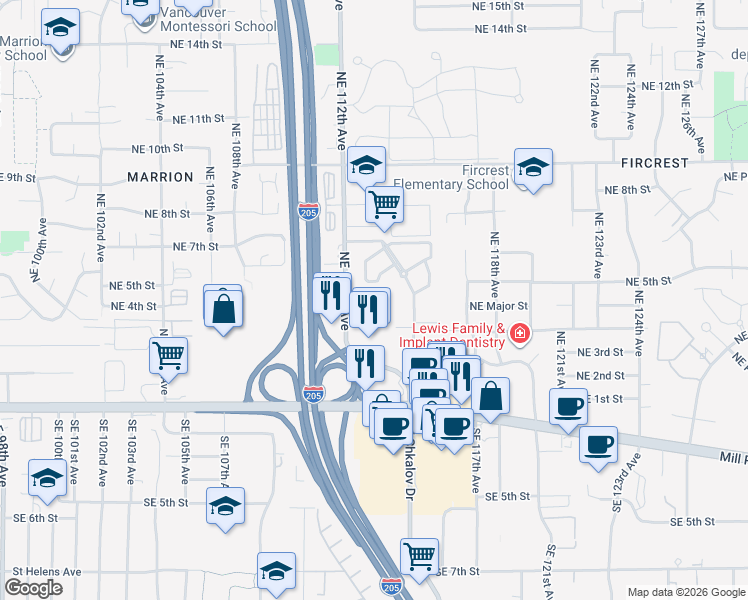 map of restaurants, bars, coffee shops, grocery stores, and more near 11312 Northeast 4th Street in Vancouver