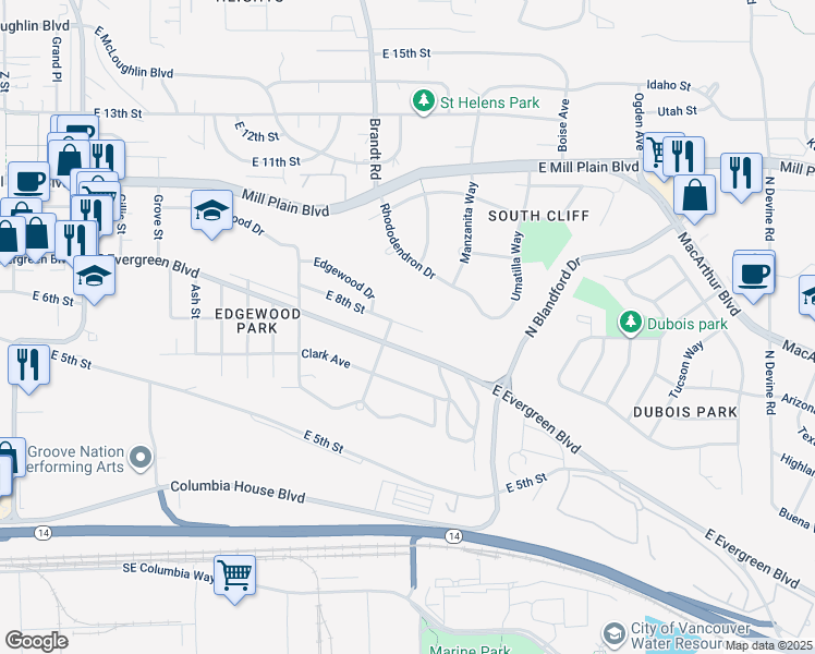 map of restaurants, bars, coffee shops, grocery stores, and more near 3919 East 8th Street in Vancouver