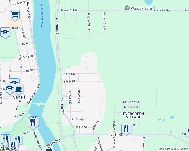 map of restaurants, bars, coffee shops, grocery stores, and more near 500 9th Street Northeast in Sartell