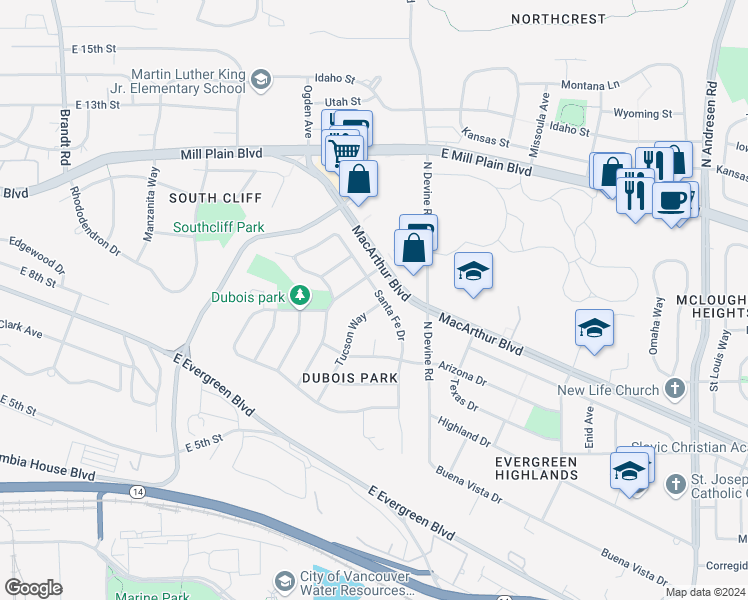 map of restaurants, bars, coffee shops, grocery stores, and more near 420 Tucson Way in Vancouver