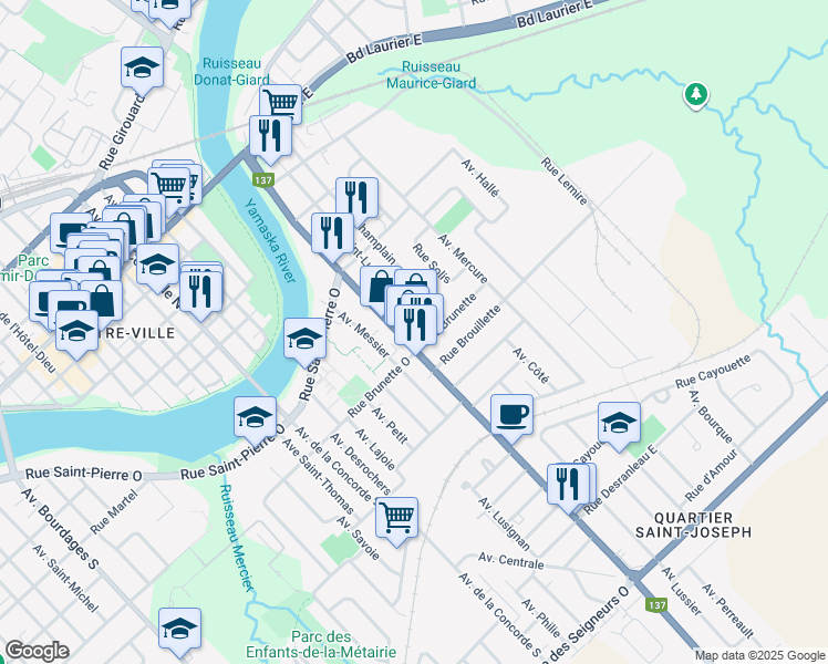map of restaurants, bars, coffee shops, grocery stores, and more near in Saint-Hyacinthe