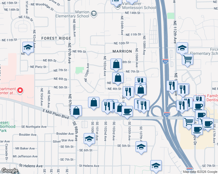 map of restaurants, bars, coffee shops, grocery stores, and more near 401 Northeast 102nd Avenue in Vancouver