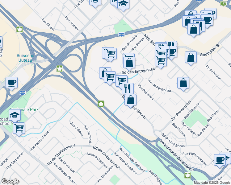 map of restaurants, bars, coffee shops, grocery stores, and more near 674 Boulevard du Curé-Boivin in Boisbriand
