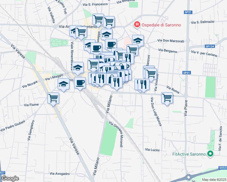 map of restaurants, bars, coffee shops, grocery stores, and more near in Saronno