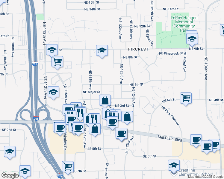 map of restaurants, bars, coffee shops, grocery stores, and more near 12101 Northeast Suncrest Court in Vancouver
