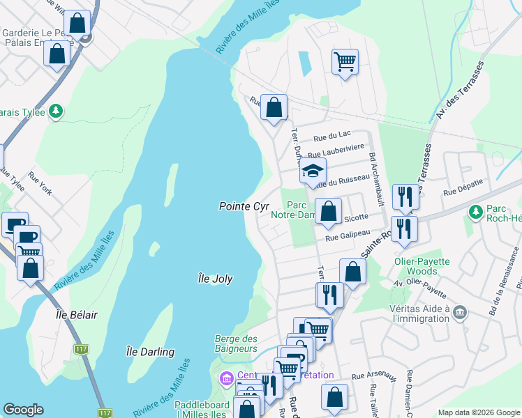 map of restaurants, bars, coffee shops, grocery stores, and more near 470 Rue des Patriotes in Laval