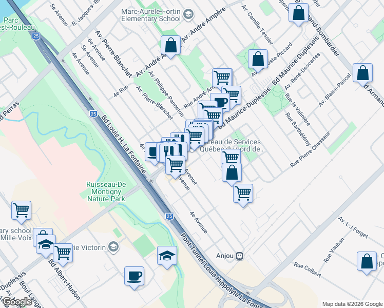 map of restaurants, bars, coffee shops, grocery stores, and more near 7380 Boulevard Maurice-Duplessis in Montréal