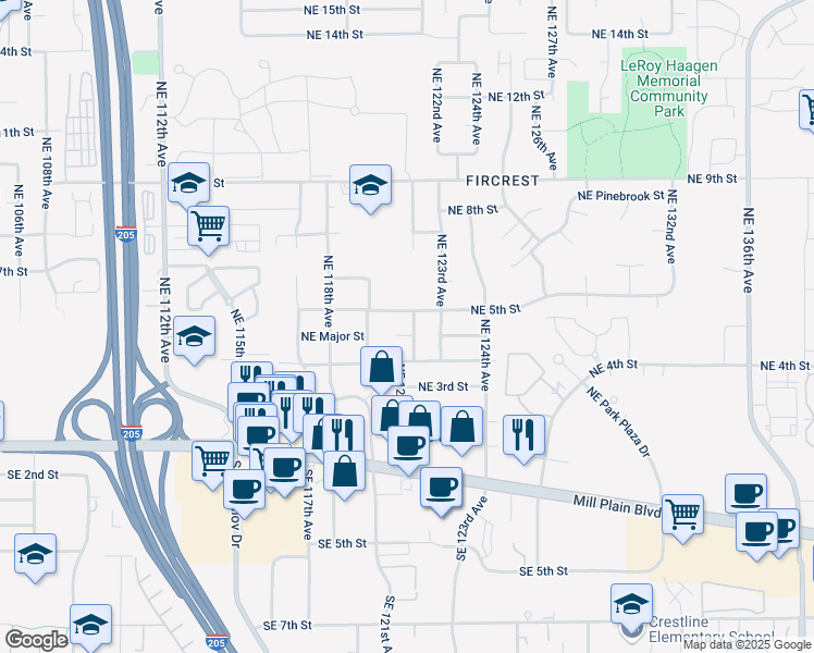 map of restaurants, bars, coffee shops, grocery stores, and more near 12101 Northeast Suncrest Court in Vancouver
