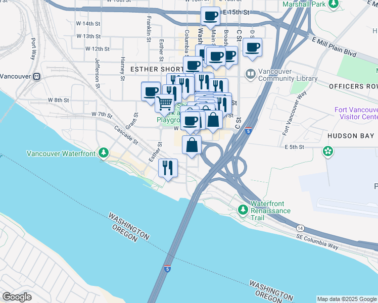 map of restaurants, bars, coffee shops, grocery stores, and more near 300 Washington Street in Vancouver