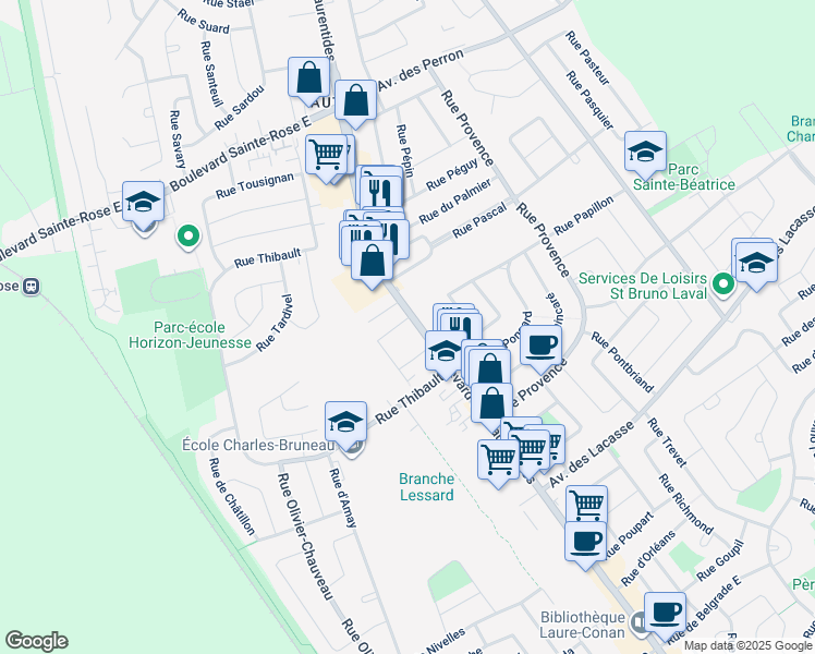 map of restaurants, bars, coffee shops, grocery stores, and more near 5390 Boulevard des Laurentides in Laval