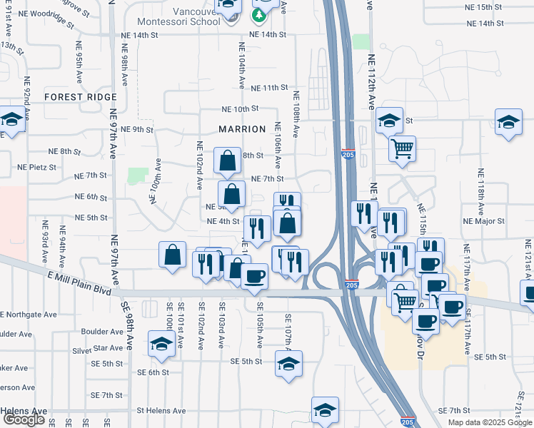 map of restaurants, bars, coffee shops, grocery stores, and more near 421 Northeast 104th Avenue in Vancouver