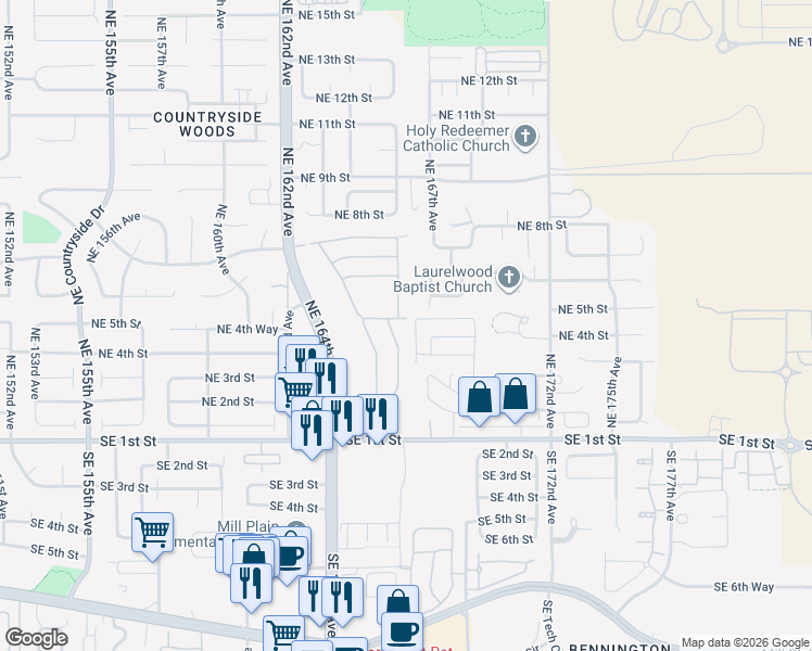 map of restaurants, bars, coffee shops, grocery stores, and more near 16500 Southeast 1st Street in Vancouver
