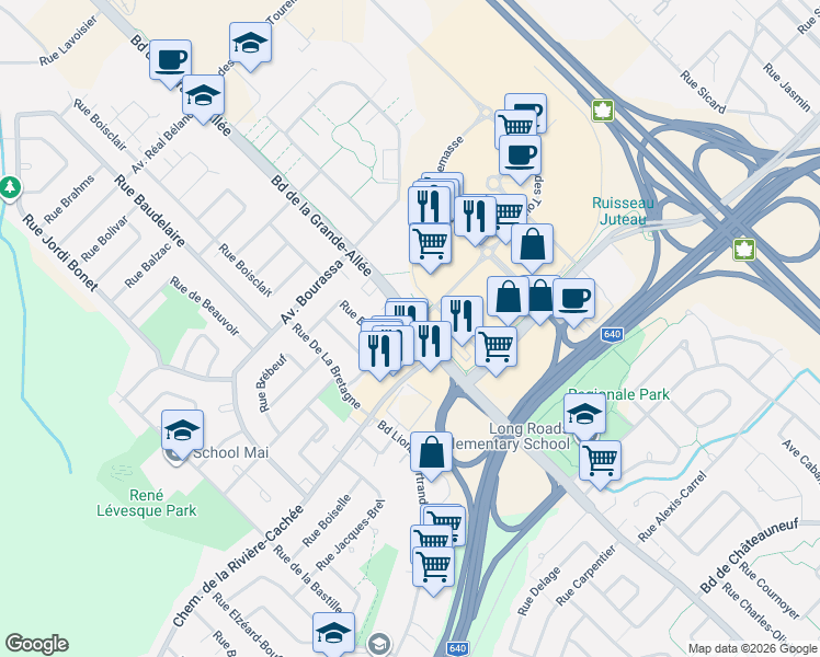 map of restaurants, bars, coffee shops, grocery stores, and more near 3153 Boulevard de la Grande Allée in Boisbriand