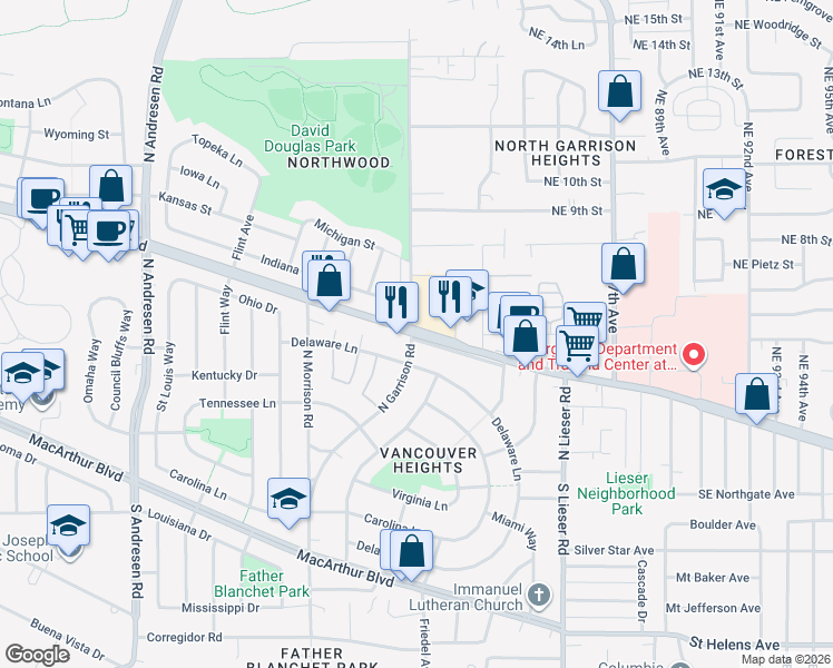 map of restaurants, bars, coffee shops, grocery stores, and more near 7823 East Mill Plain Boulevard in Vancouver
