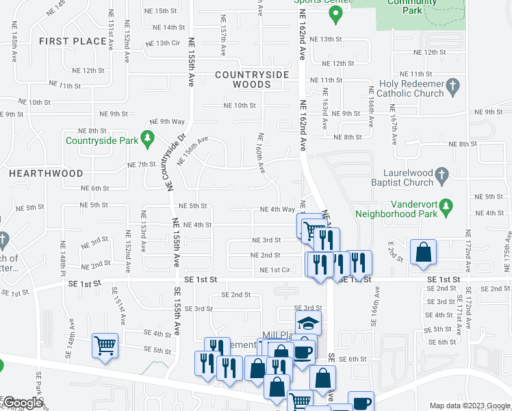 map of restaurants, bars, coffee shops, grocery stores, and more near 15904 Northeast 4th Way in Vancouver