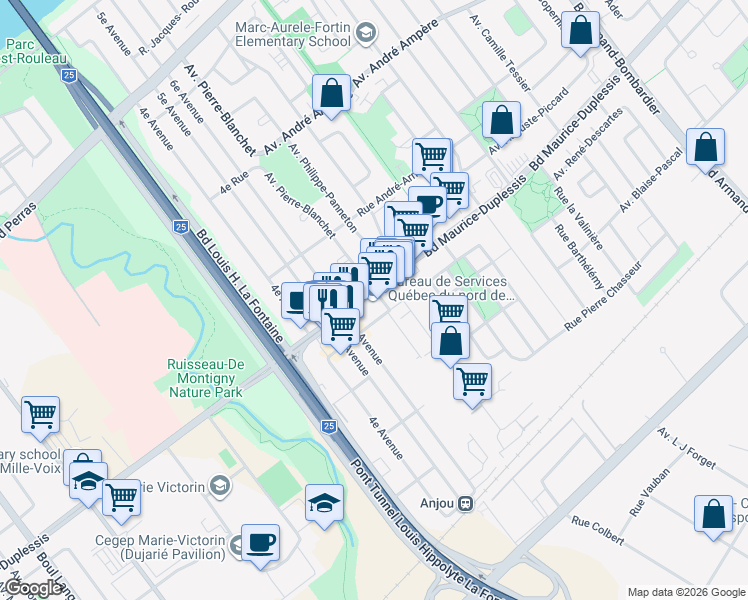 map of restaurants, bars, coffee shops, grocery stores, and more near 7380 Boulevard Maurice-Duplessis in Montréal