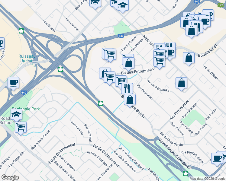 map of restaurants, bars, coffee shops, grocery stores, and more near 645 Boulevard du Curé-Boivin in Boisbriand