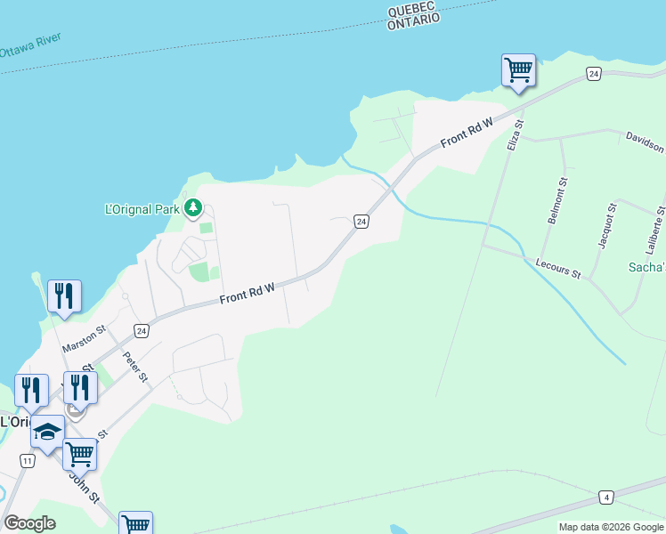 map of restaurants, bars, coffee shops, grocery stores, and more near 635 Front Road West in L'Orignal