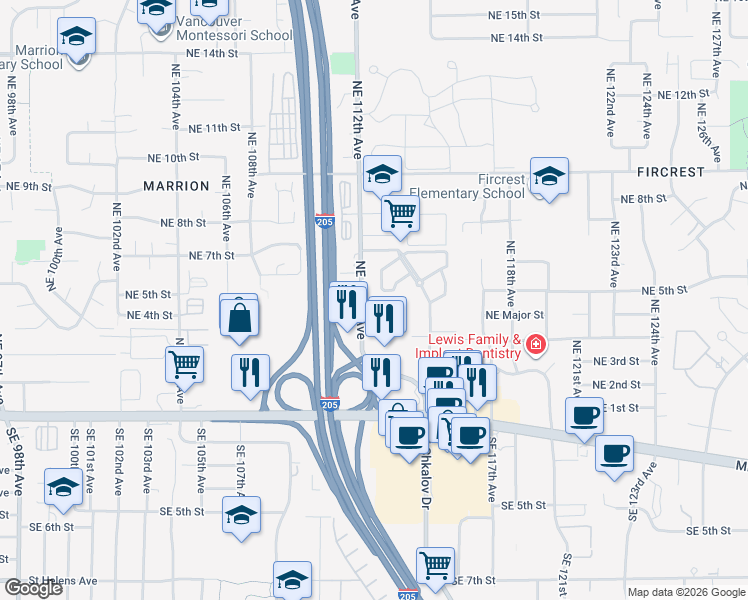 map of restaurants, bars, coffee shops, grocery stores, and more near 11206 Northeast 4th Street in Vancouver