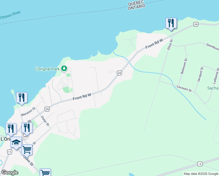 map of restaurants, bars, coffee shops, grocery stores, and more near 635 Front Road West in L'Orignal
