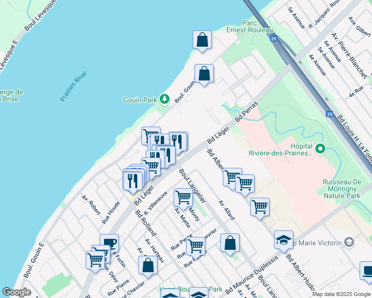 map of restaurants, bars, coffee shops, grocery stores, and more near 6565 Boulevard Léger in Montréal
