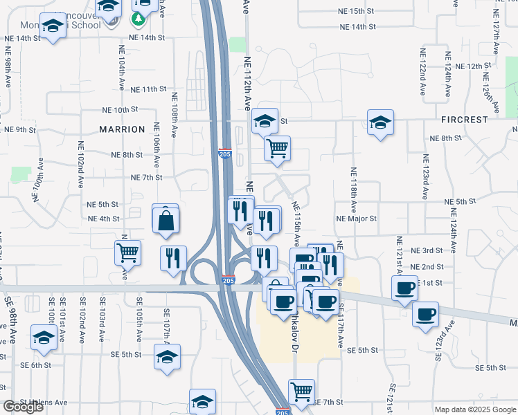 map of restaurants, bars, coffee shops, grocery stores, and more near 11206 Northeast 4th Street in Vancouver