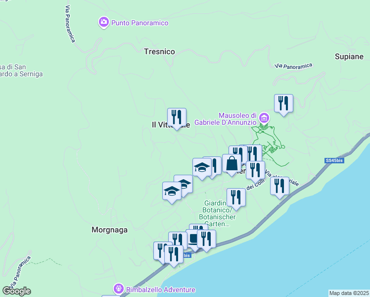 map of restaurants, bars, coffee shops, grocery stores, and more near 35 Via Dosso in Gardone Riviera
